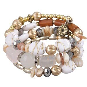 Western Style White Gemstone Wood Gold Tone Wrap Bracelet Southwest Accessory